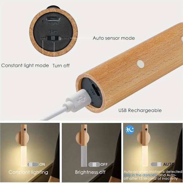 Magnetisk vägglampa med rörelsesensor och USB-laddning. Väggmonterad träficklampa Varmvitt för inomhusbruk Walnut