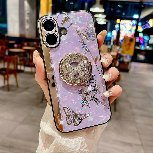 Deksel til iPhone 16 med Rhinestones Dekor Støtte TPU+PC Sommerfugl Blomster Deksel
