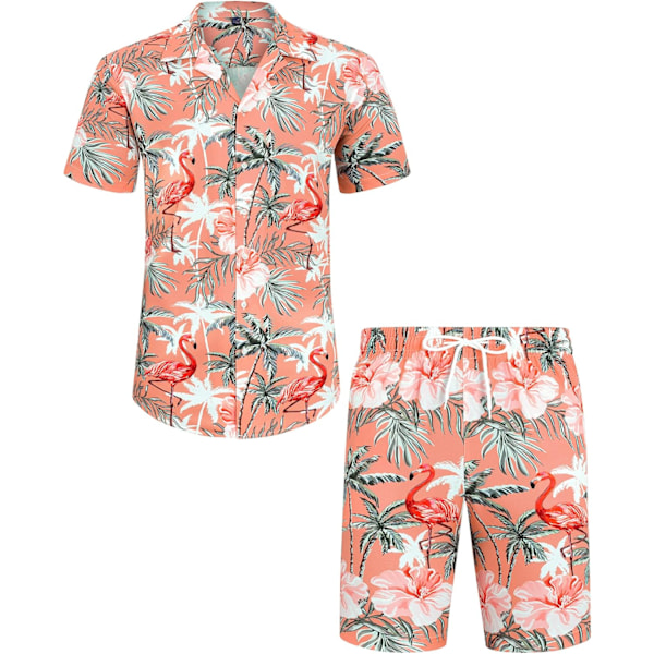 Herresæt med Hawaii-skjorte og shorts - Regular Fit - Kortærmet - Casual Funky Strand Flamingo Skjorte Sæt 3XL Orange Flamingo