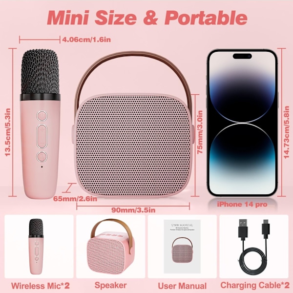 Karaoke-maskine til børn med 2 trådløse mikrofoner, bærbar Bluetooth-højttaler, gavelegetøj til pigers og drenges fødselsdag Pink 2 Mic