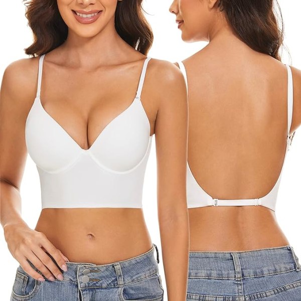 Women's low back Deep V-neck backless bra S Multi-wear pull-up steel bra with white convertible straps