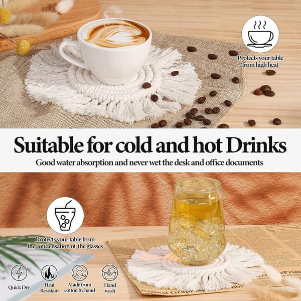 Pakke med 5 håndlavede Macrame Bomulds coasters, absorberende coasters til sidebord, boheme coastersæt