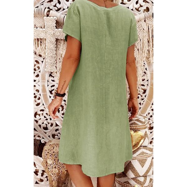 Damekjole Sommer Linskjoler Casual V-hals Midi Kjole Kort Erm A-linje Kjole Sommerkjole Tunikakjole Uten Tilbehør (Halskjede ikke inkludert) A Green XXL