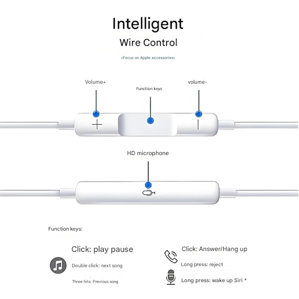 Lightning-kompatible hovedtelefoner til iPhone med lydstyrkekontrol og mikrofon Hvid