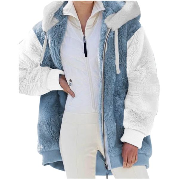 Hættejakke til kvinder, Teddy Fleece-frakke, Overgangsjakke med hætte og lommer, lynlås, efterår, vinter, plysjakke, fleecejakke, vinter 4XL E Blue