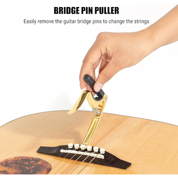 Capotasto de guitarra 4 en 1 con extractor de clavijas, capo para guitarra, bajo, ukelele, banjo, mandolina, 3 cabezales de silicona, dorado Black