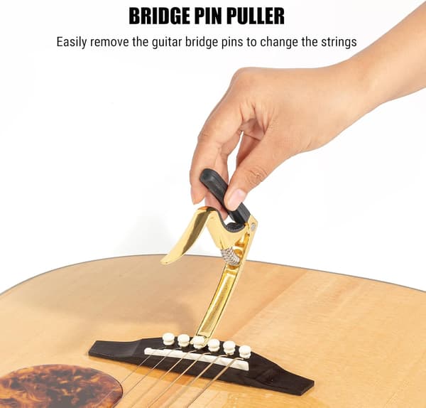 Gitarr capo, 4-i-1 capo med extraktor för bro stift, capo för gitarr bas ukulele banjo mandolin, 3 silikonhuvuden, guld Black