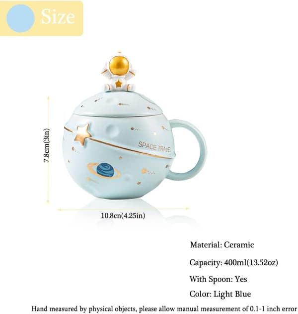 Kawaii Astronaut Mugg Rym Präglad Planet Mugg, Söt Keramisk Kaffe Mugg, Nyhet Mugg med Lock och Sked för Kaffe, Te, Mjölk Blue