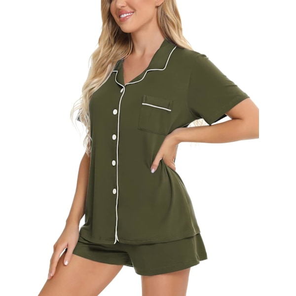 Kvinnors Pyjamas Set Kortärmad Nattkläder Dam Knäppning Nattkläder PJ Set med Ficka XXL Army Green