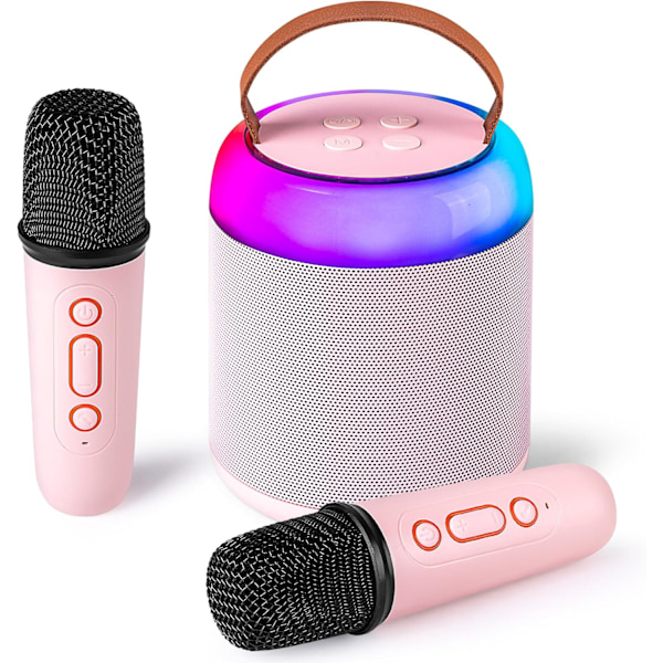 Mini Karaoke-maskin med 2 trådlösa mikrofoner för barn och vuxna, bärbar Bluetooth-högtalare Pink 2 Mic