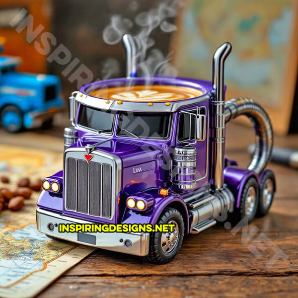 Håndlavet Lastbil Kaffekrus, 250ML Sættevognsformet Resin Kaffekrus, Lastbil Kaffekrus, Unik Gave til Kaffe- og Lastbilentusiaster purple