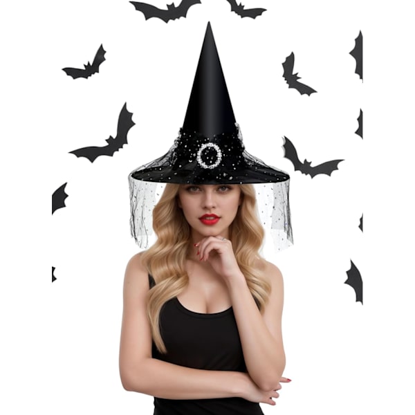 Häxhatt för kvinnor, spetsnät, elegant dräkt, trollkarl kostymtillbehör för cosplayfester Black Lace
