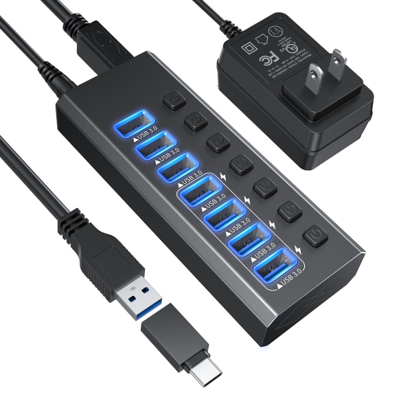 USB3.0 hub docking splitter Uavhengig bryter med strøm 7-ports USB svart (send 12V2A sertifisert strøm)