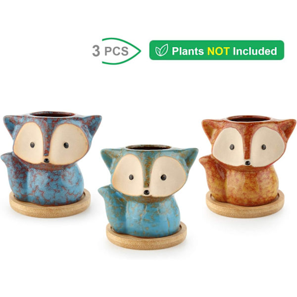 Fox Plantepotter, Keramiske Plantepotter Sett med 3, Hage Hjemmekontor Skrivebordsdekorasjon med Transmutasjonsglasur, Bursdag