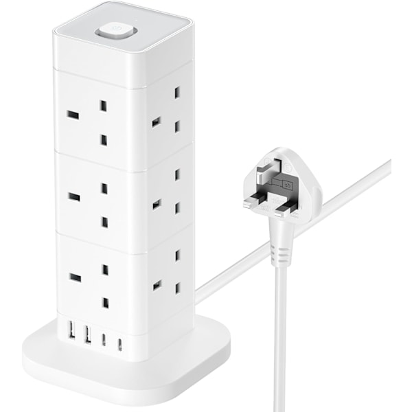 Tower extension cord with USB slots, 12-way extension tower surge protector with 4 USB slots, multi-plug tower power strip