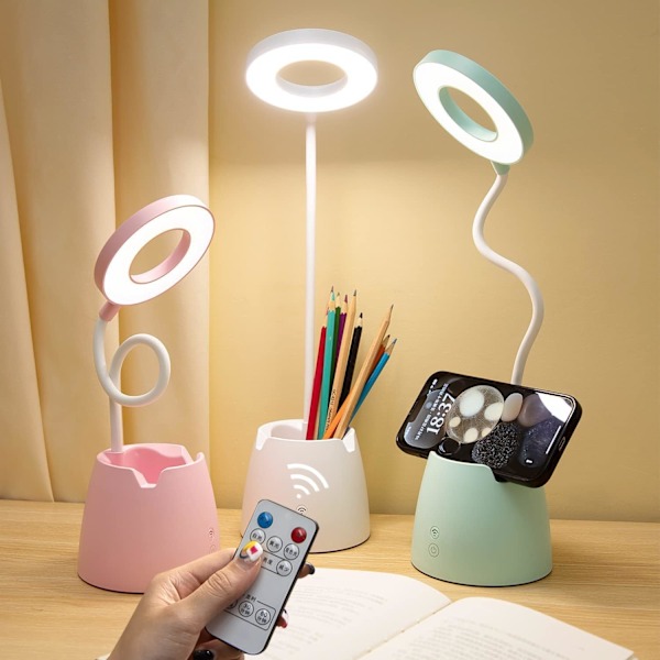 Foldbar LED-skrivebordslampe med penneholder med fjernbetjening og timerfunktion til øjenbeskyttelse Rosa Versión de control remoto