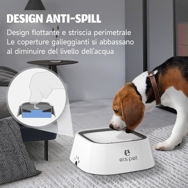 ELS PET Anti-dropp hundvattenbehållare, 1L långsam matningsskål för husdjur, vatten, inga spill, vit Blanco 1L