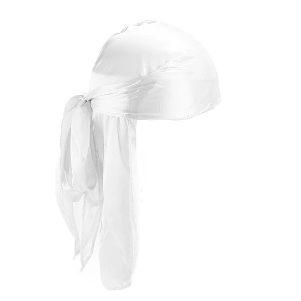 Durag, populær imitasjon silke lang hale pirathatt, unisex bandana, flere farger tilgjengelig white