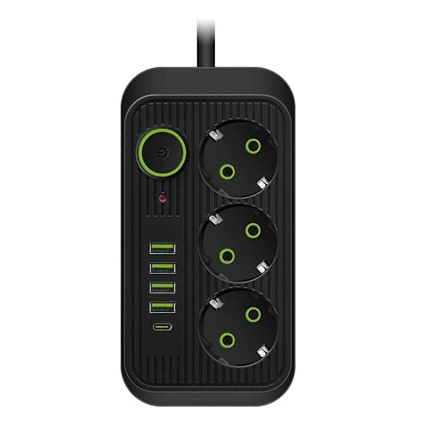 Sort 2M EU Stik Multi-standard Stikdåse Forlængerledning Strømskinne med USB Type-C Hurtig Opladning Netværksfilter Adapter Sort
