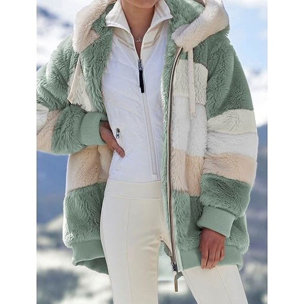 Grønn M størrelse Høst/Vinter varm plysj patchwork glidelåslomme løs jakke med hette green M