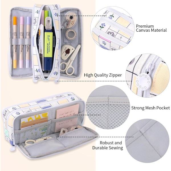 Stor pennfodral med stor kapacitet, 3 fack, pennfodral i canvas för tonåringar, pojkar, flickor, skolbarn (TU)