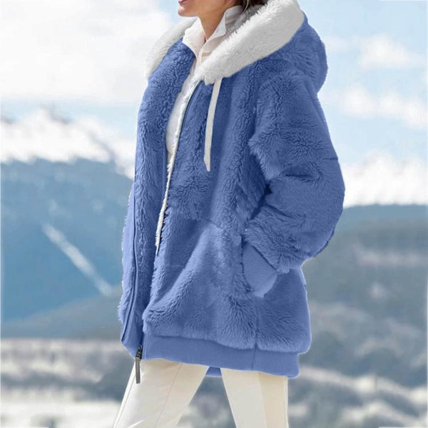 Hettejakke Dame Teddy Fleece Frakk Overgangsjakke med Hette med Lommer Glidelås Høst Vinter Plysj Jakke Fleece Jakke Vinter L B Blue