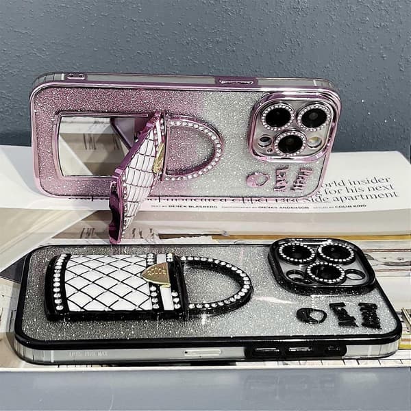 För iPhone 15 Pro Skal Spegel Ställ TPU+PC Gradient Glitter Mobilskal