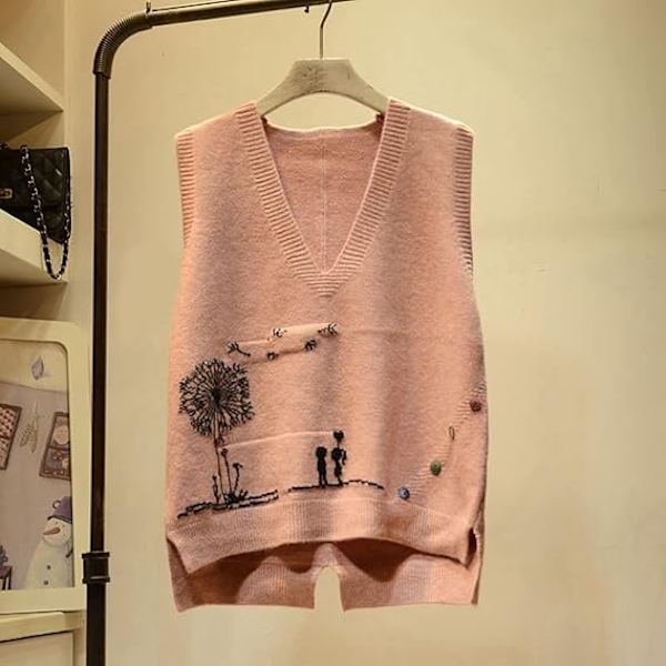Kvinners strikkede ermeløse gensere Blomstermønster Genser Vester V-hals Gilette Vest Topp
