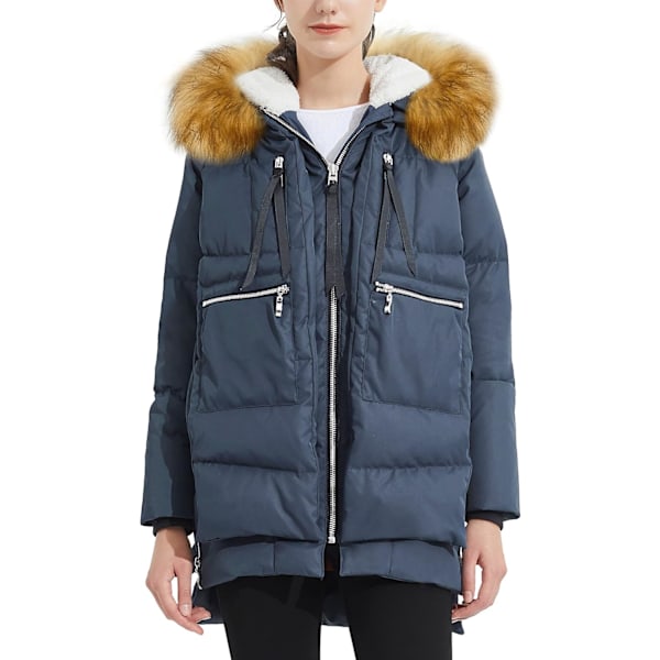 Kvinners tykke dunjakke Parka hette lang pufferjakke for vinter M Navy+Fur Trim