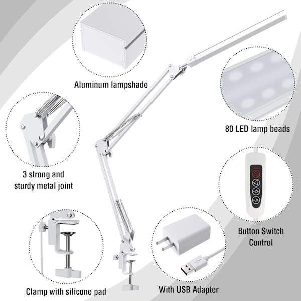 LED-skrivebordslampe - Klipsbar LED-skrivebordslampe - Øyebeskyttelse - 3 lysmoduser, 10 lysstyrker