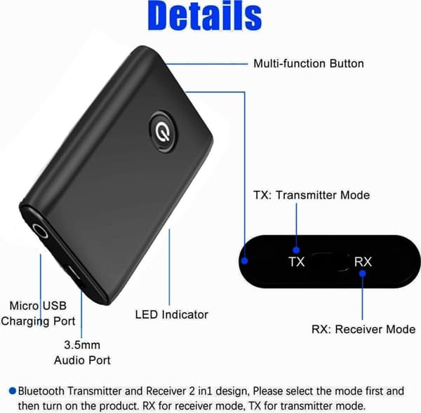 Bluetooth-lähetin ja -vastaanotin 2-in-1 langaton sovitin