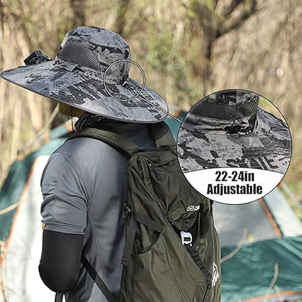 Bredbrättad Solhatt för Utomhusbruk med 2 Solfläktar, Solhatt för Män och Kvinnor UPF 50+, Fiske- & Strandhatt med Inbyggd Fläkt Camouflage Gray