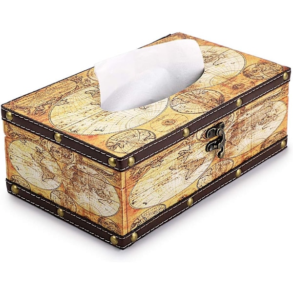 Retro Tissue Box Hållare, Tissue Organizer Rektangulär Trä + PU Tissue Box Omslag (Gul Karta)