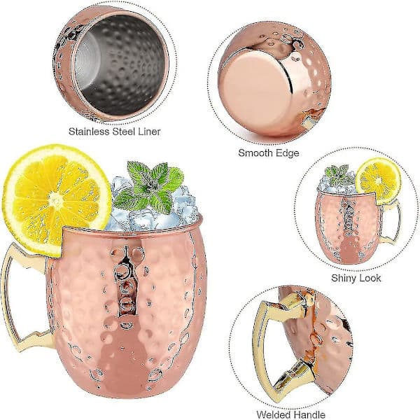 Kopparmugg Set om 4 Kopparmuggar, Kopparmugg för Moscow Mule Cocktail, 47 cl Presentförpackning