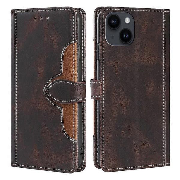 Skin-touch Shell Straw Hat telefoncover i PU-læder med stativ og pung til iPhone 15