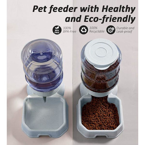 Automatisk foder- og vanddispenser til hunde og katte, BPA-fri, tyngdekraftspåfyldning, nem at rengøre, selvfodring. Grey