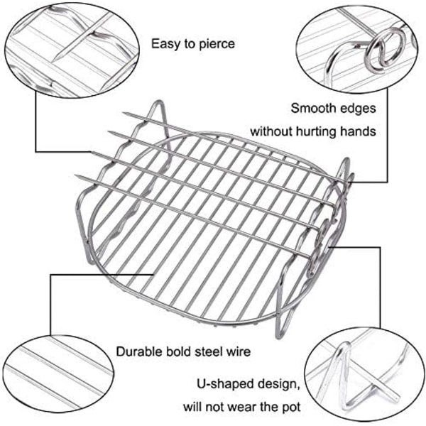 Fritørfryerhylle - Dobbeltlagshylle for grillspyd, multifunksjonelt tilbehør i rustfritt stål til fritørfryer (20 cm, fem nåler)