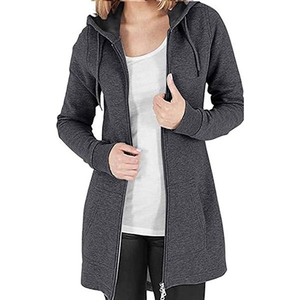 Dame Lang Hoodies Ensfarvet Sweatshirts Langærmet Lynlås Sweatshirt Jakke 2 Lomme Hoodies Efterår og Vinter