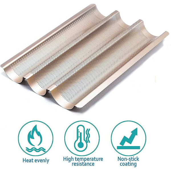 Baguetteformar för bakning, kolstål 3 brödformar, nonstick baguettebakplåt för perforerad fransk brödform