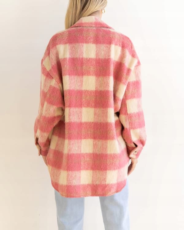 Vinter Ullkappa Casual Rutig Flanell Shacket Jacka Oversized Knäppning Långärmad Höst Skjortjacka Kappa Toppar Jacka Dam ROSA