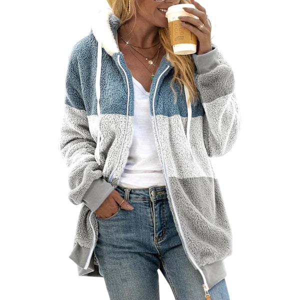 Hættejakke til kvinder, Teddy Fleece-frakke, overgangsjakke med hætte og lommer, lynlås, efterår, vinter, plysjakke, fleecejakke, vinter 4XL F Grey