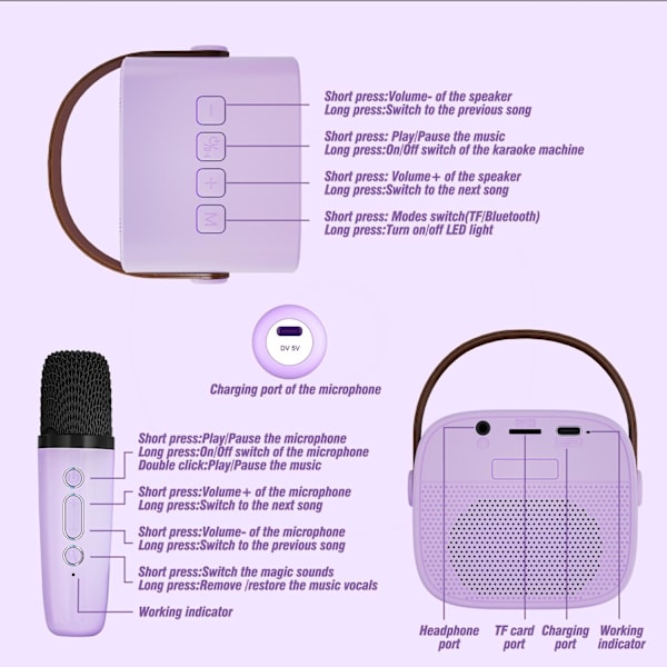 Karaokemaskin för barn med 2 trådlösa mikrofoner, bärbar Bluetooth-högtalare, presentleksaker för flickor och pojkars födelsedag Purple 2 Mic