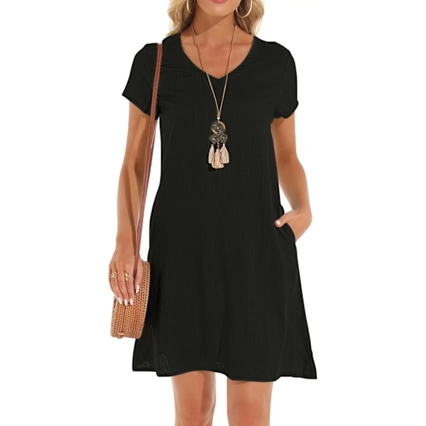 Damklänning Sommar Linneklänningar Casual V-ringad Midiklänning Kortärmad A-linjeklänning Solklänning Tunika Klänning Utan Tillbehör (Halsband ingår ej) A Black S