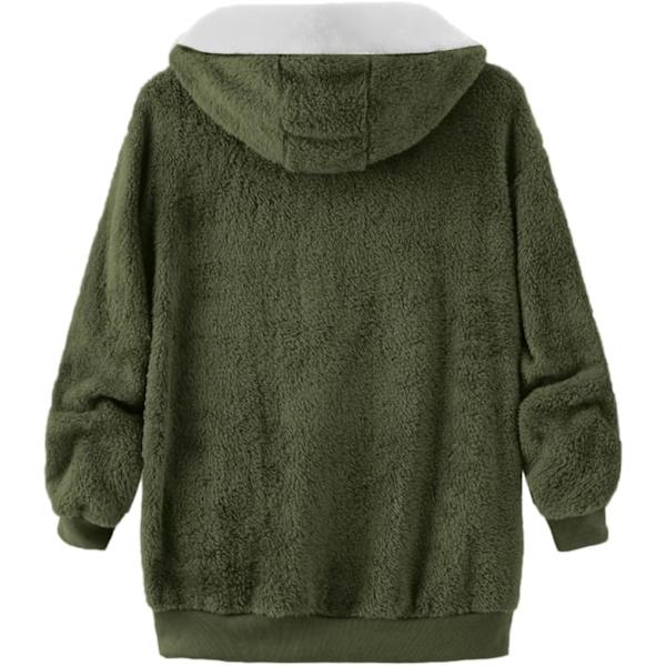 Hættejakke til kvinder Teddy Fleece Frakke Overgangsjakke med hætte med lommer lynlås efterår vinter plysjakke fleecejakke vinter 4XL C Green