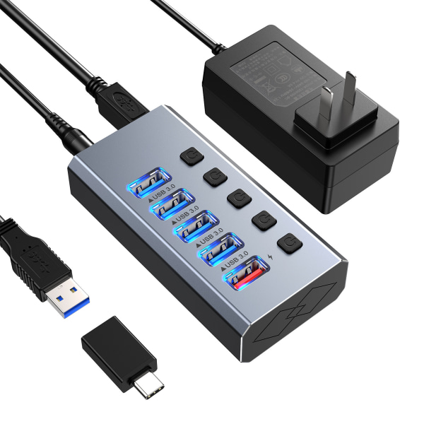 USB3.0 hub docking splitter Uavhengig bryter med strøm 5-porter USB grå (send 5V3A sertifisert strøm)