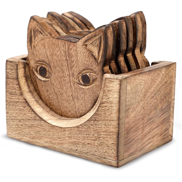 Sett med 6 drikkebrikker med holder - Håndlagde trebrikker for kaffe, te, krus, vinglass (revdesign)