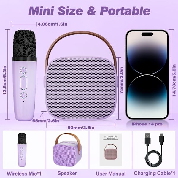 Karaokemaskin för barn med 2 trådlösa mikrofoner, bärbar Bluetooth-högtalare, presentleksaker för flickor och pojkars födelsedag Purple 1 Mic