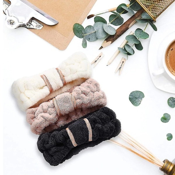 3-pack Mikrofiber Hårband Skönhet Elastiskt Terry Dam Hårduk Flicka Ansiktsbehandling Dusch Yoga Träning (Svart + Hudfärgspuder + Vit)