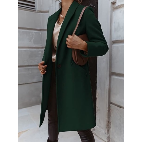 Mørkegrøn L-kode efterår vinter ensfarvet revers mellemlang knapfrakke frakke kvinde Dark green L