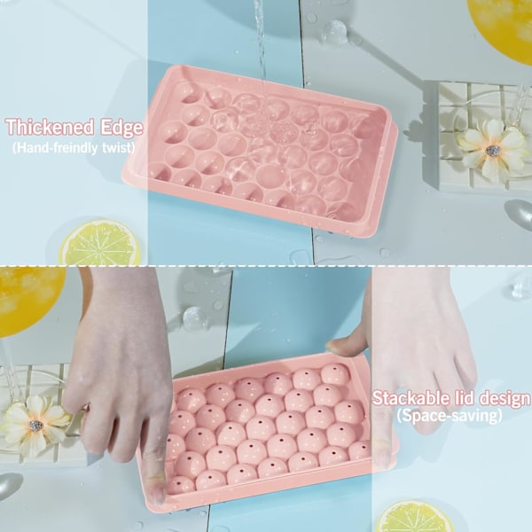 Isbitsbricka för kylskåp med lock och låda, rund isbitsform med behållare, liten rund isbitsbricka för att göra sfäriska isbitar pink